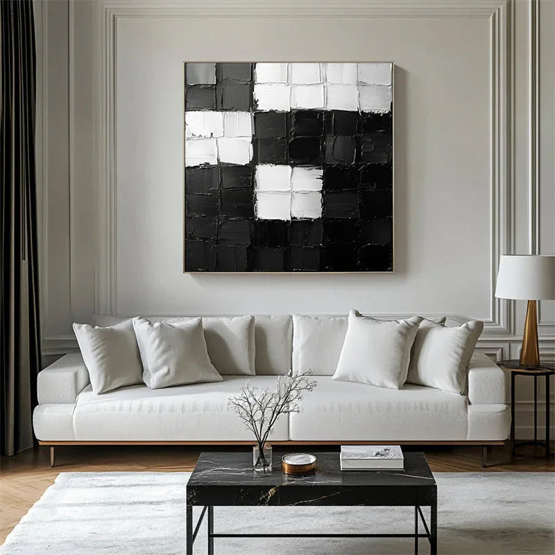 Monochrome Mosaic - Abstract Wall Art of Geometric Stereoscopic Black and White Grid - artextured