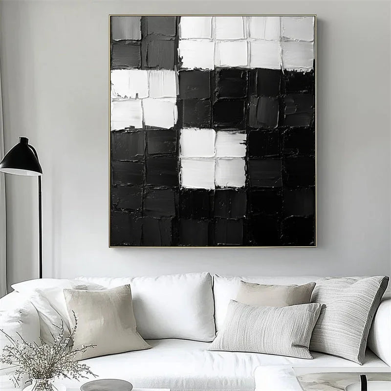 Monochrome Mosaic - Abstract Wall Art of Geometric Stereoscopic Black and White Grid - artextured