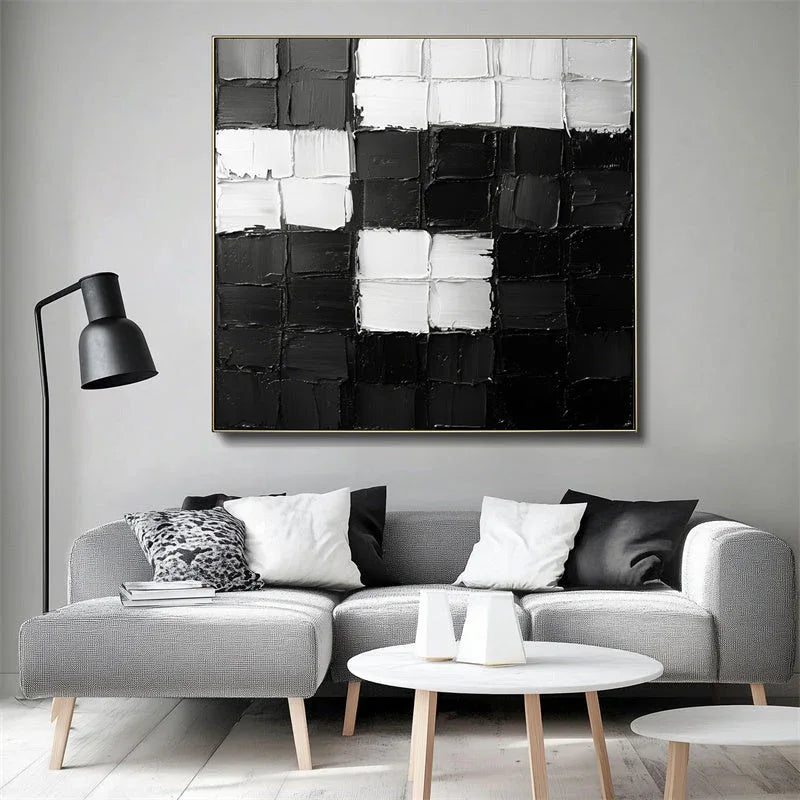 Monochrome Mosaic - Abstract Wall Art of Geometric Stereoscopic Black and White Grid - artextured