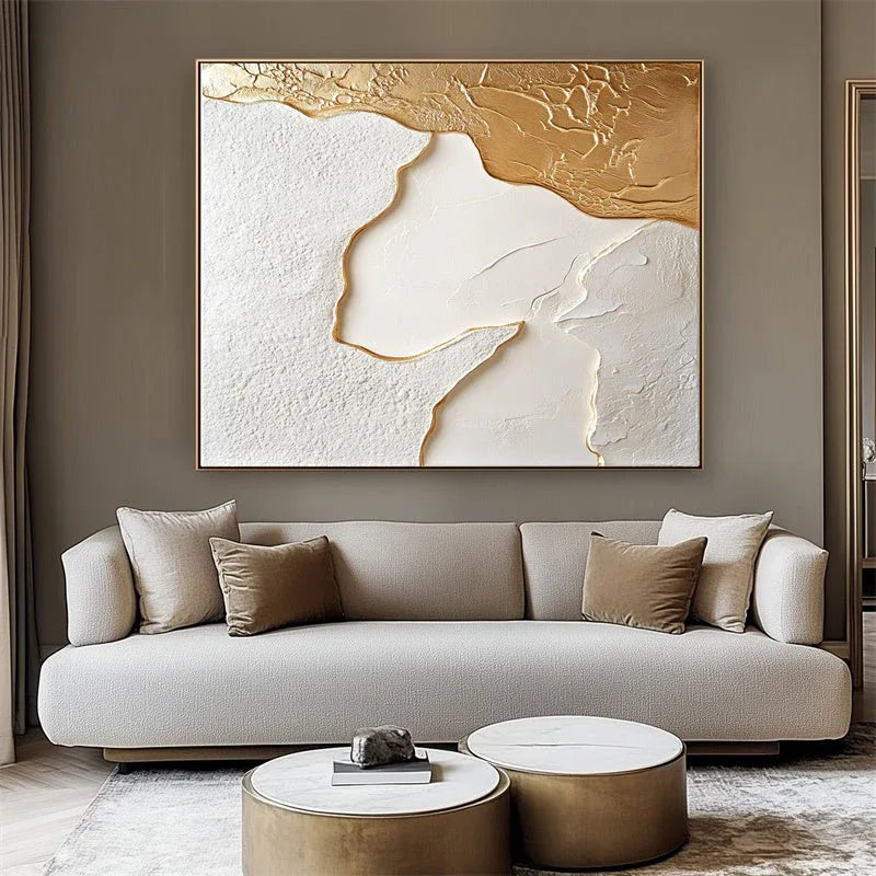 Golden Tide – Modern Minimalist Gold and White Flowing Relief Abstract Wall Art - artextured