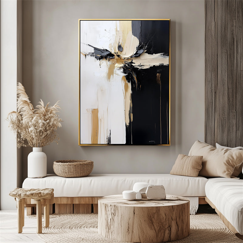 Modern Abstract Painting - Black, White, Gold Textured Canvas Wall Art