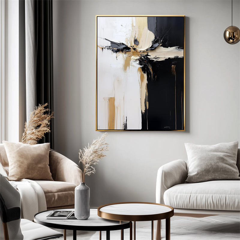 Modern Abstract Painting - Black, White, Gold Textured Canvas Wall Art