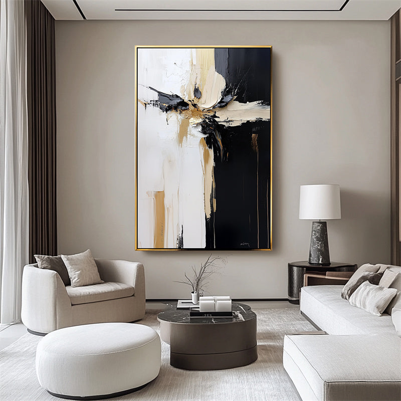 Modern Abstract Painting - Black, White, Gold Textured Canvas Wall Art