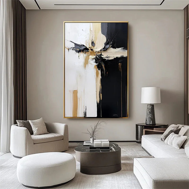 Modern Abstract Painting - Black, White, Gold Textured Canvas Wall Art - artextured