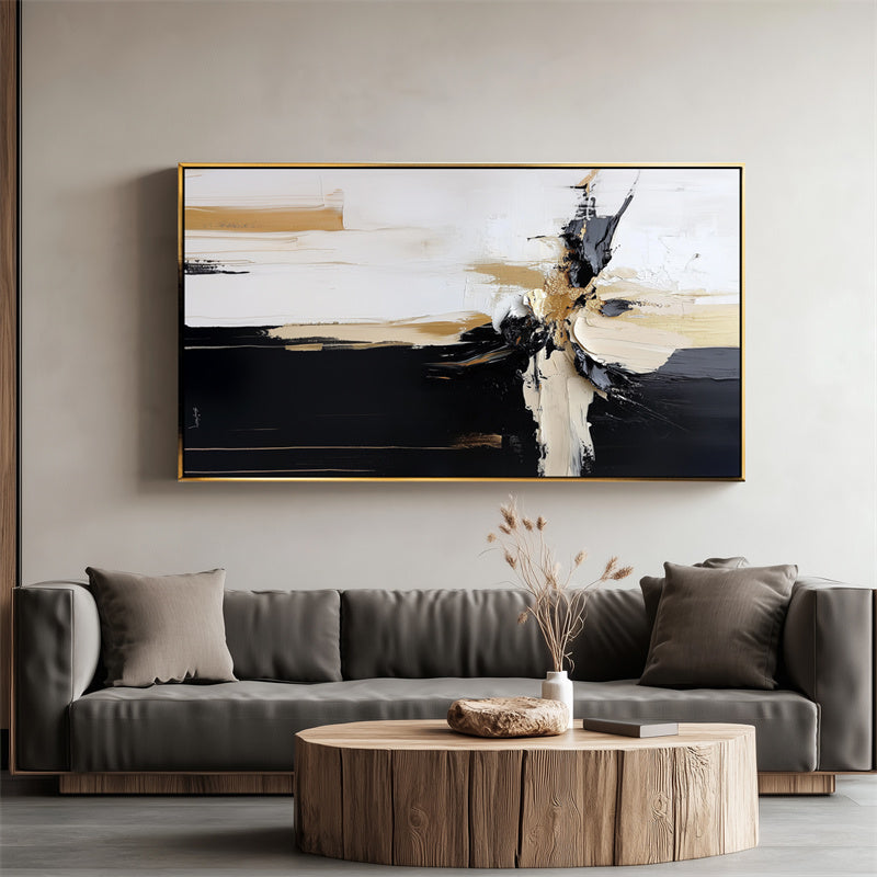 Modern Abstract Painting - Black, White, Gold Textured Canvas Wall Art