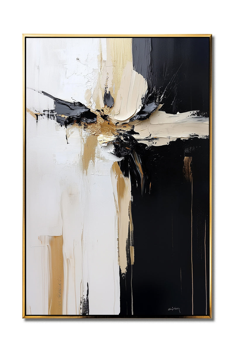 Modern Abstract Painting - Black, White, Gold Textured Canvas Wall Art