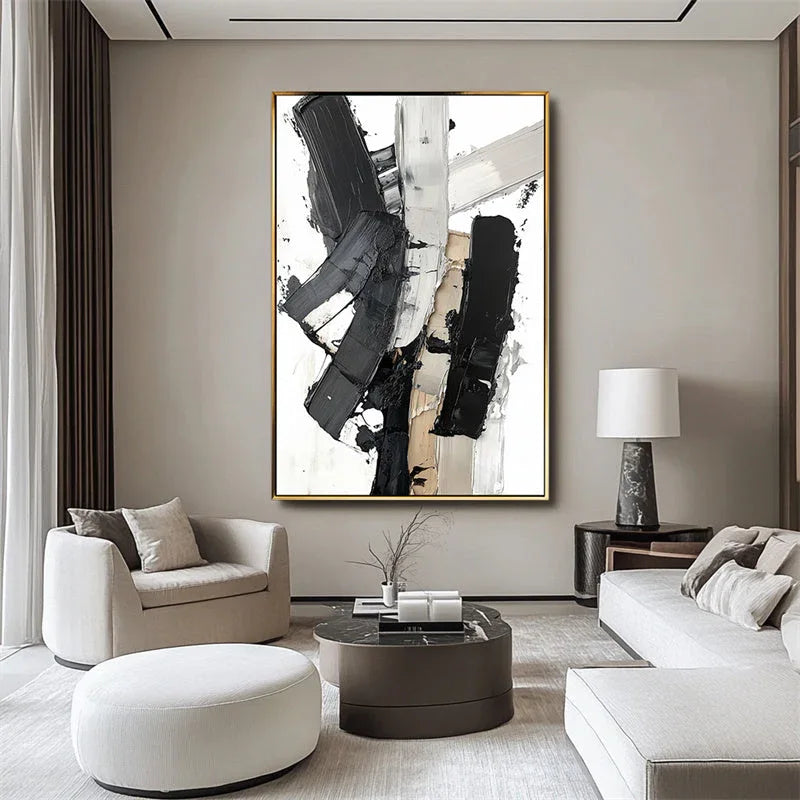 Monochrome Symphony Canvas-Hand Drawn Black and White Thick Painted Block Surface Abstract Wall Art - artextured