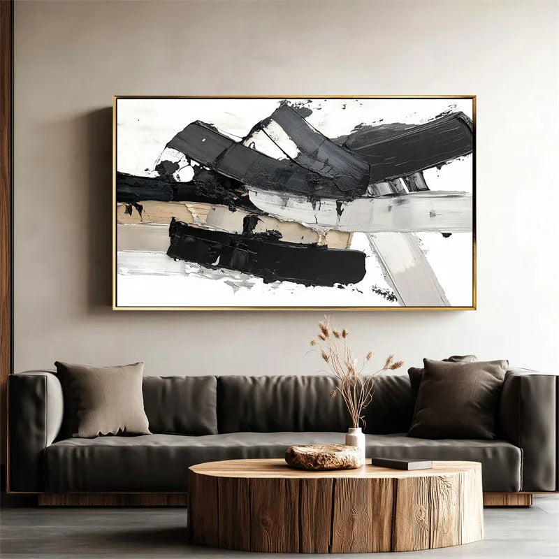 Monochrome Symphony Canvas-Hand Drawn Black and White Thick Painted Block Surface Abstract Wall Art - artextured