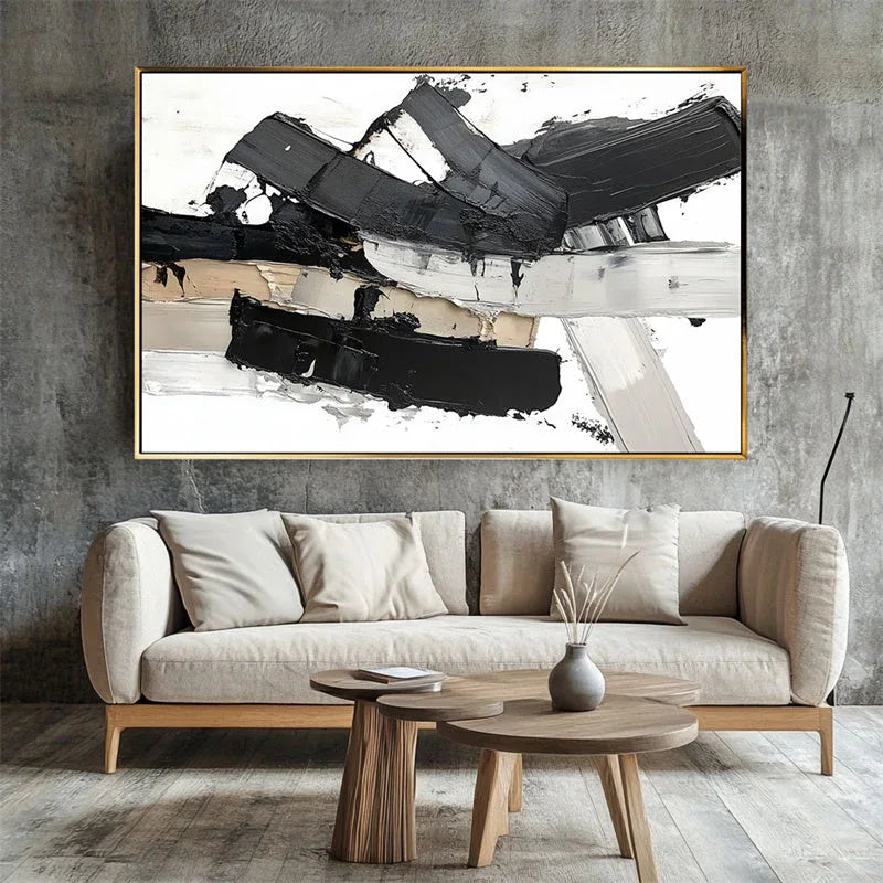 Monochrome Symphony Canvas-Hand Drawn Black and White Thick Painted Block Surface Abstract Wall Art - artextured