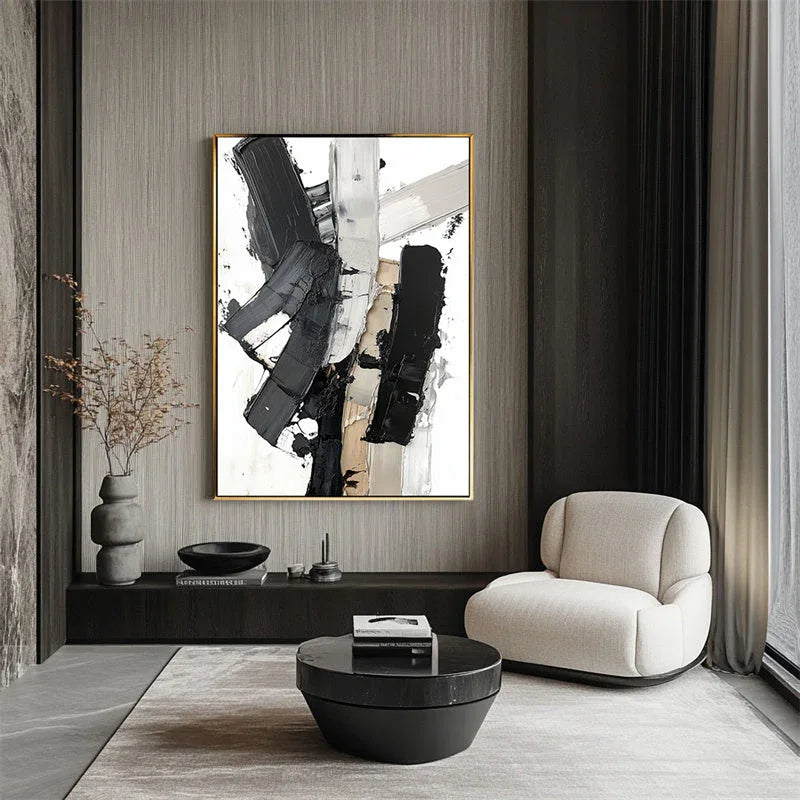 Monochrome Symphony Canvas-Hand Drawn Black and White Thick Painted Block Surface Abstract Wall Art - artextured