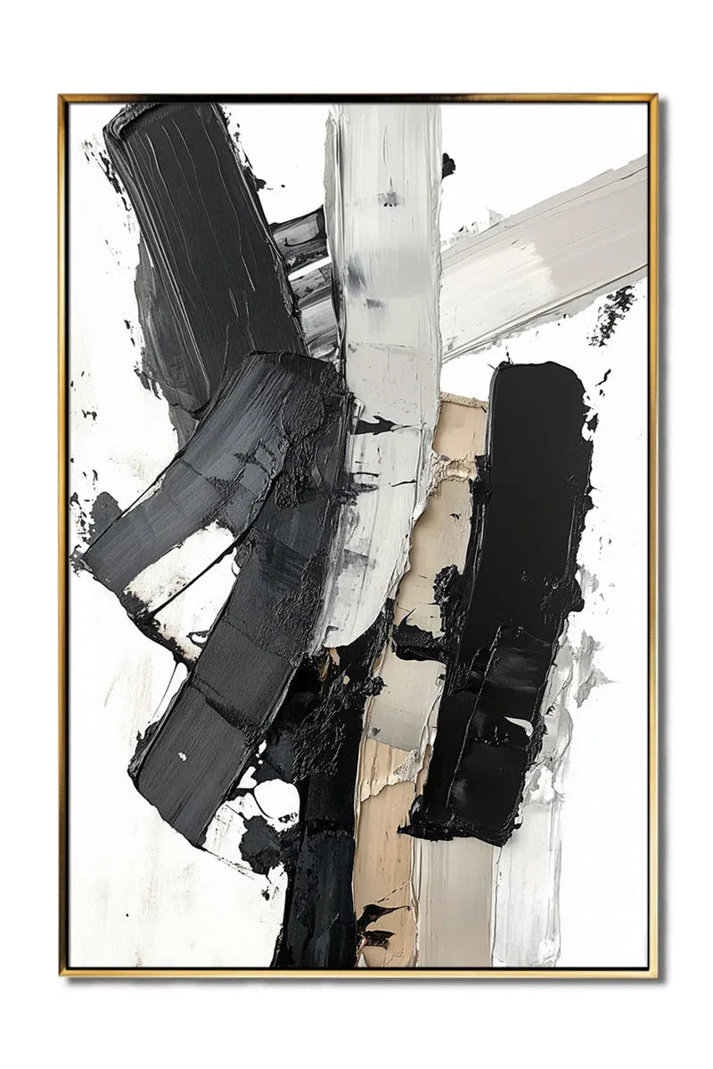 Monochrome Symphony Canvas-Hand Drawn Black and White Thick Painted Block Surface Abstract Wall Art - artextured