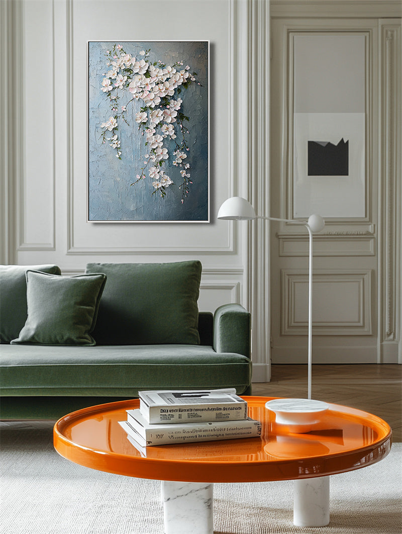 Blossoms of Serenity-Hand Drawn Blue Background Hanging Pink Flower Cluster Texture Wall Art