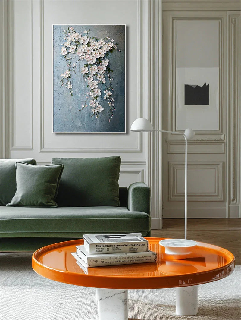 Blossoms of Serenity-Hand Drawn Blue Background Hanging Pink Flower Cluster Texture Wall Art - artextured