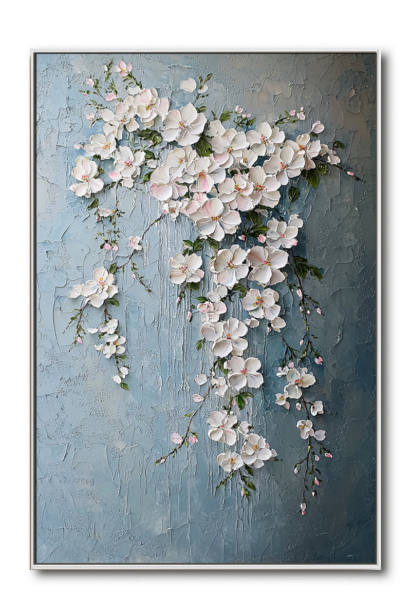 Blossoms of Serenity-Hand Drawn Blue Background Hanging Pink Flower Cluster Texture Wall Art