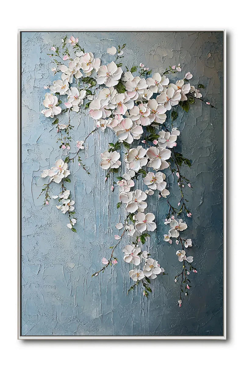 Blossoms of Serenity-Hand Drawn Blue Background Hanging Pink Flower Cluster Texture Wall Art - artextured