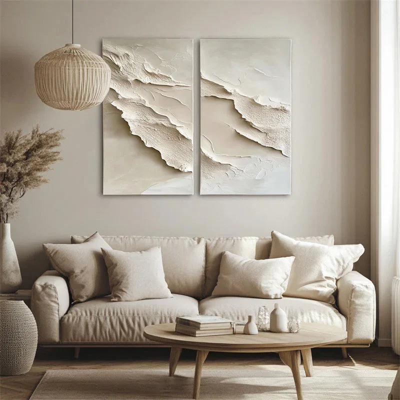 Serene Layers Diptych Canvas-Abstract Wall Art of Double Vertical Frame Earth Sand Dune Texture - artextured