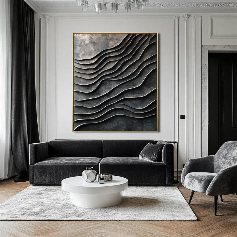 3D Metallic Wave Wall Art-Modern Minimalist Dark Grey Wave Layer Metal Flow Abstract Texture Wall Art - artextured