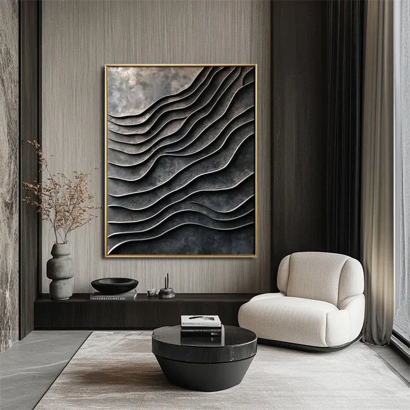 3D Metallic Wave Wall Art-Modern Minimalist Dark Grey Wave Layer Metal Flow Abstract Texture Wall Art - artextured