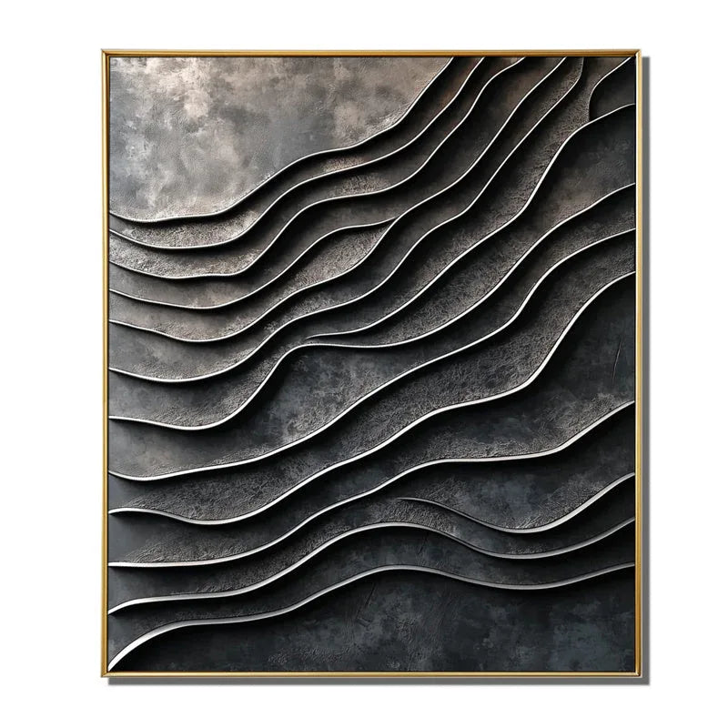 3D Metallic Wave Wall Art-Modern Minimalist Dark Grey Wave Layer Metal Flow Abstract Texture Wall Art - artextured