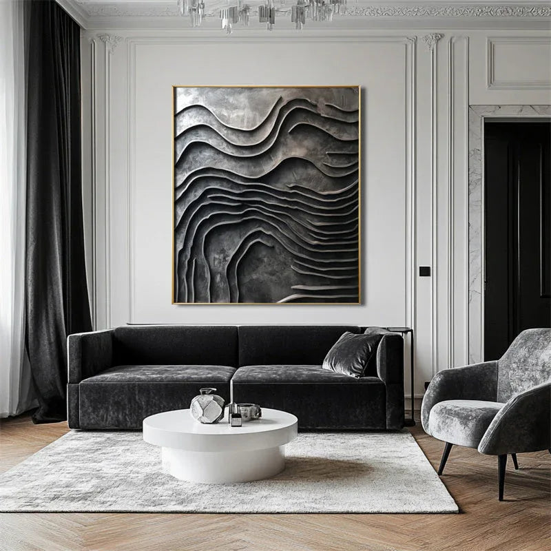 Erosion of Time-Art of Hand-Painted Deep Grey Wave Textured Wall With Surging Waves - artextured