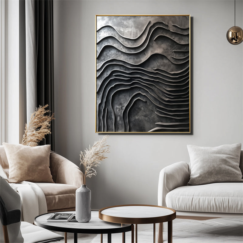 Erosion of Time-Art of Hand-Painted Deep Grey Wave Textured Wall With Surging Waves