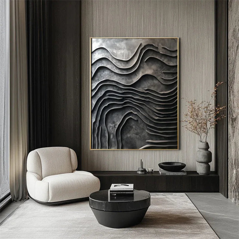 Erosion of Time-Art of Hand-Painted Deep Grey Wave Textured Wall With Surging Waves - artextured