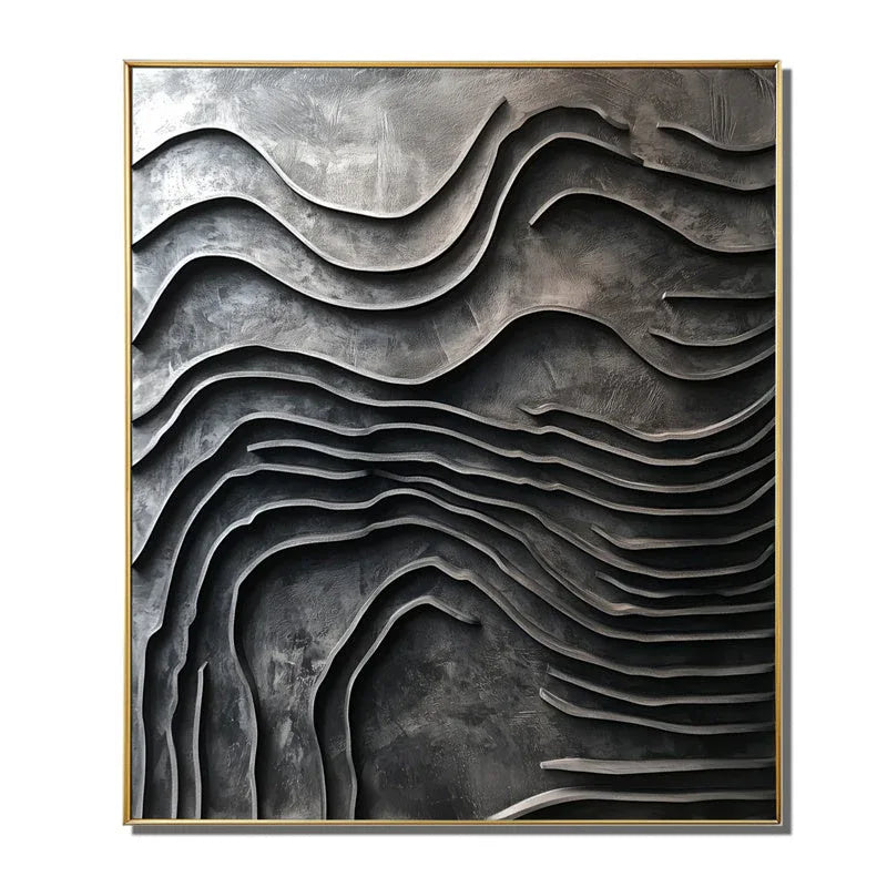 Erosion of Time-Art of Hand-Painted Deep Grey Wave Textured Wall With Surging Waves - artextured