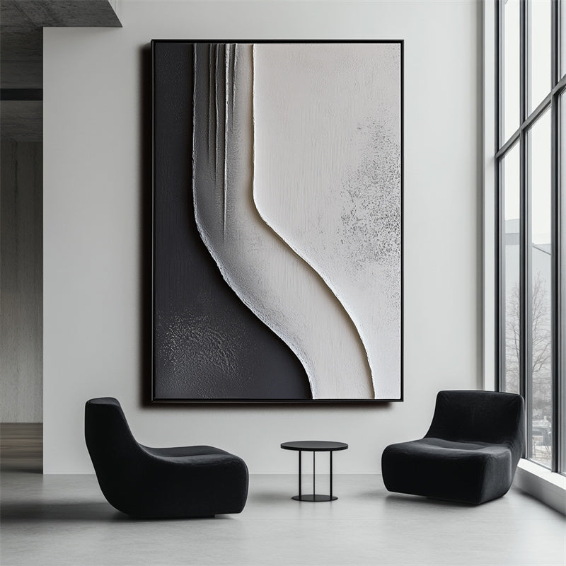 Flowing Monochrome - Minimalist Black and White Textured Canvas Art for Modern Interiors
