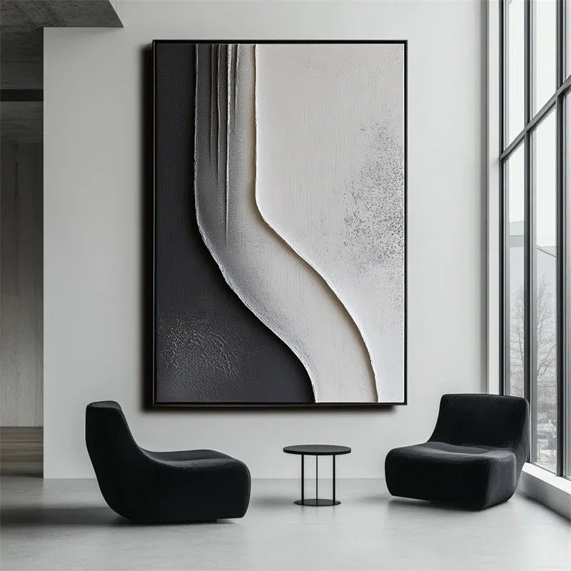 Flowing Monochrome - Minimalist Black and White Textured Canvas Art for Modern Interiors - artextured