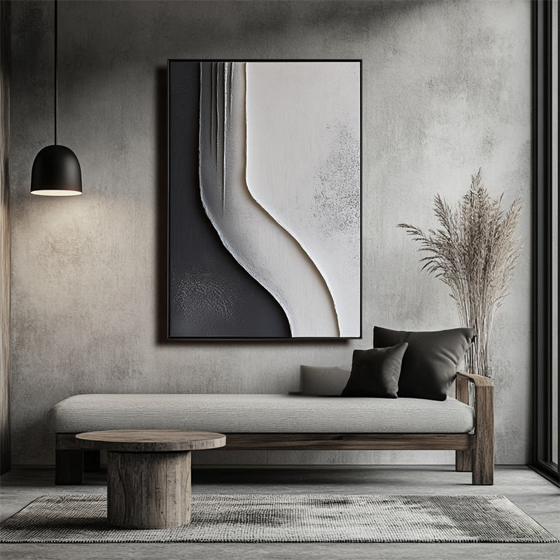 Flowing Monochrome - Minimalist Black and White Textured Canvas Art for Modern Interiors