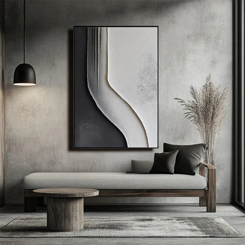 Flowing Monochrome - Minimalist Black and White Textured Canvas Art for Modern Interiors - artextured