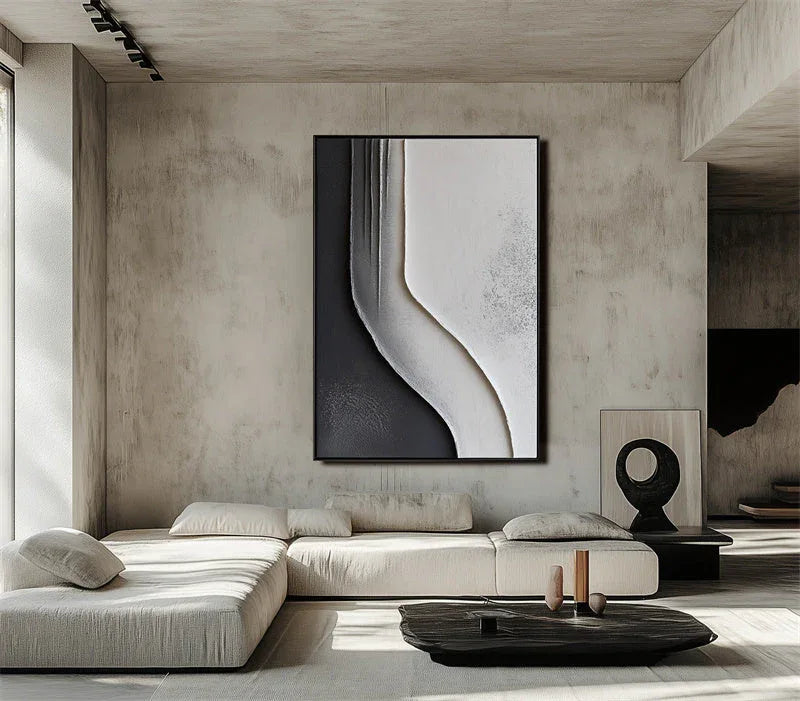 Flowing Monochrome - Minimalist Black and White Textured Canvas Art for Modern Interiors - artextured