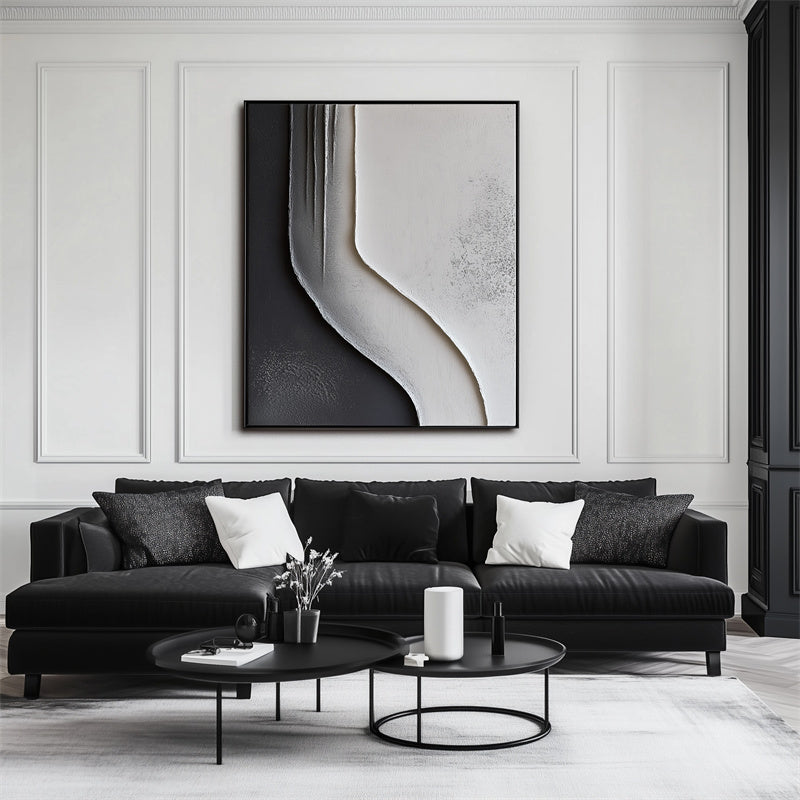 Flowing Monochrome - Minimalist Black and White Textured Canvas Art for Modern Interiors