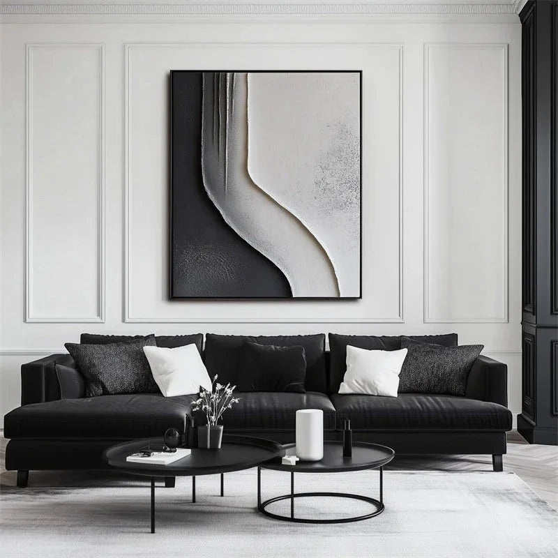 Flowing Monochrome - Minimalist Black and White Textured Canvas Art for Modern Interiors - artextured