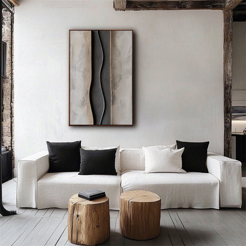 Ebb and Flow Vertical Canvas-Modern Minimalist Beige Deep Gray Three-Dimensional Wave Abstract Texture Wall Art