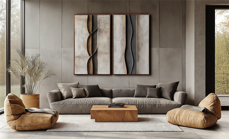 Ebb and Flow Vertical Canvas-Modern Minimalist Beige Deep Gray Three-Dimensional Wave Abstract Texture Wall Art