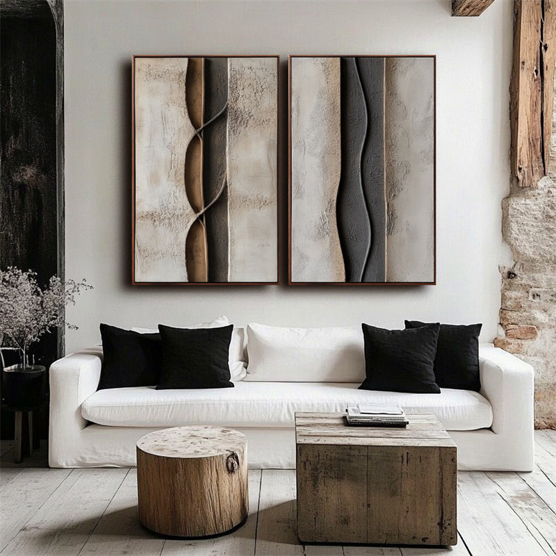 Ebb and Flow Vertical Canvas-Modern Minimalist Beige Deep Gray Three-Dimensional Wave Abstract Texture Wall Art