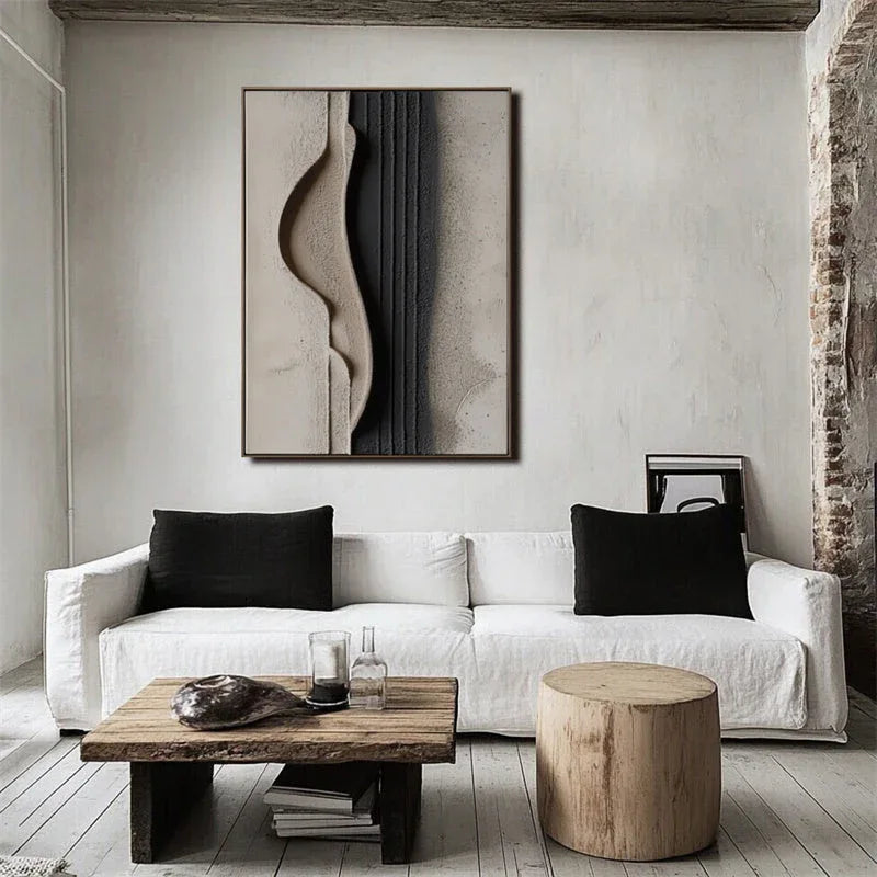 Minimalist Beige and Black Textured Wall Art - Modern Abstract Canvas - artextured
