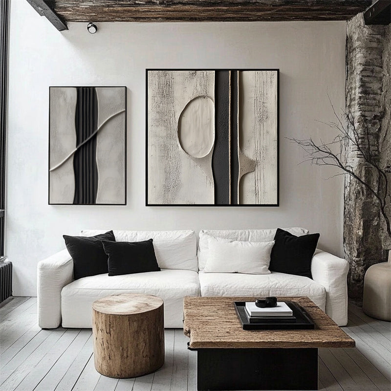 Monochrome Essence-Vertical Texture Abstract Oil Painting Wall Art of Geometric Surfaces