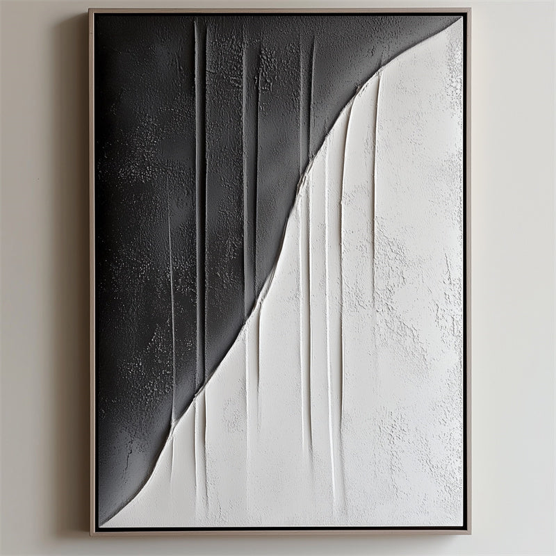 Split Textured Curve-Black and White Minimalist Textured Abstract Wall Art
