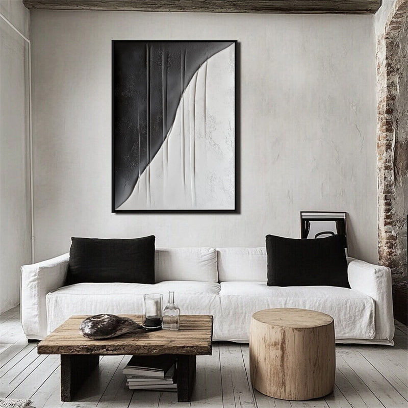 Split Textured Curve-Black and White Minimalist Textured Abstract Wall Art