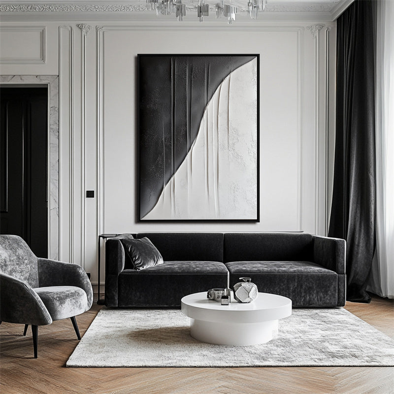Split Textured Curve-Black and White Minimalist Textured Abstract Wall Art