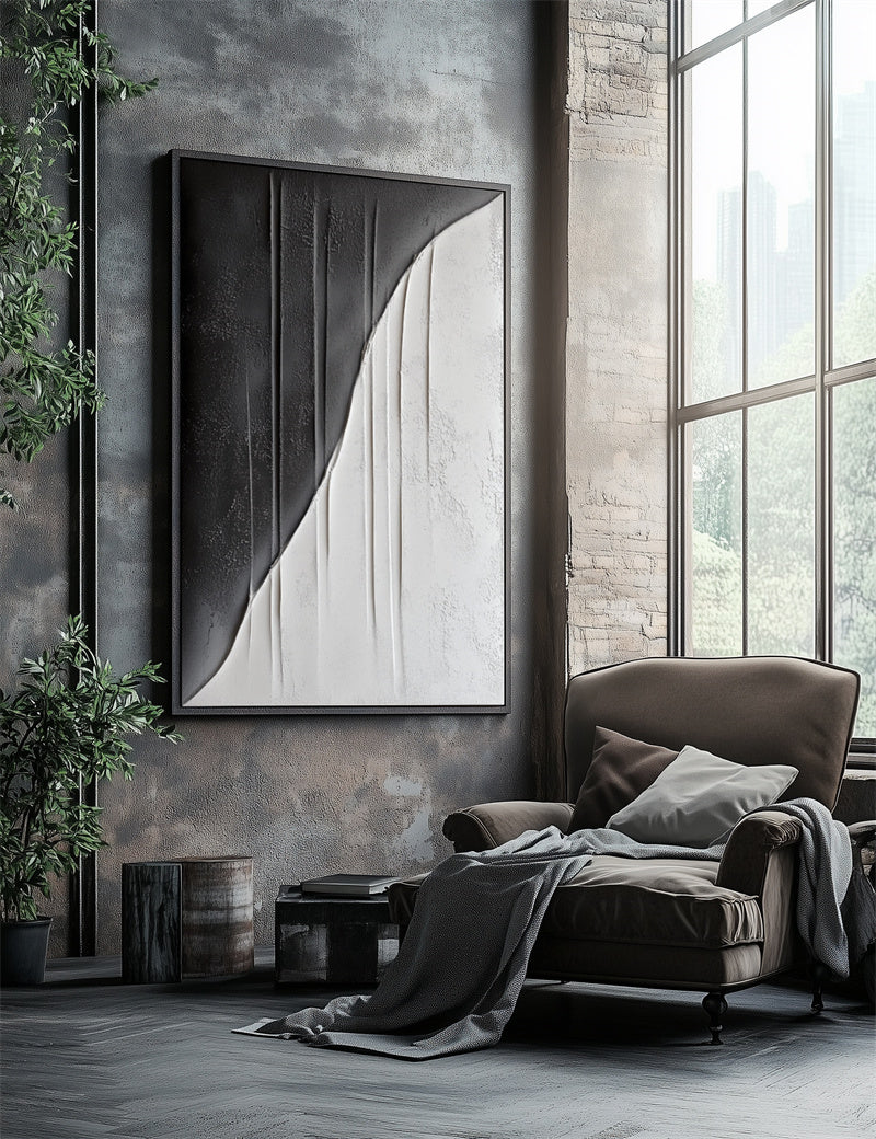 Split Textured Curve-Black and White Minimalist Textured Abstract Wall Art