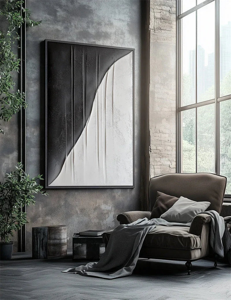 Split Textured Curve-Black and White Minimalist Textured Abstract Wall Art - artextured