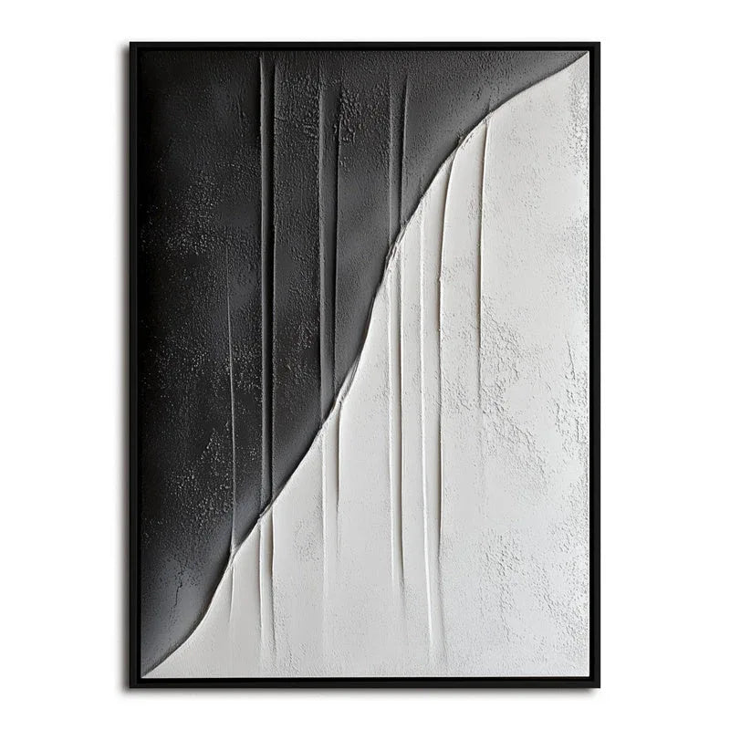 Split Textured Curve-Black and White Minimalist Textured Abstract Wall Art - artextured