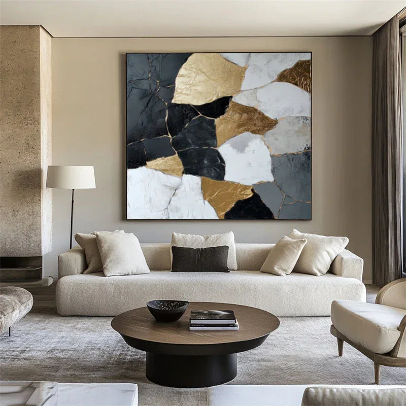 Golden Fragments-3D Black Gold Geometric Splicing Abstract Oil Painting Wall Art - artextured