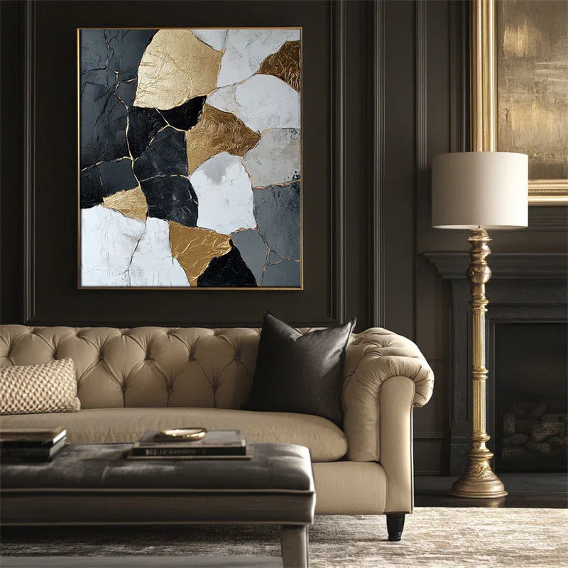 Golden Fragments-3D Black Gold Geometric Splicing Abstract Oil Painting Wall Art - artextured