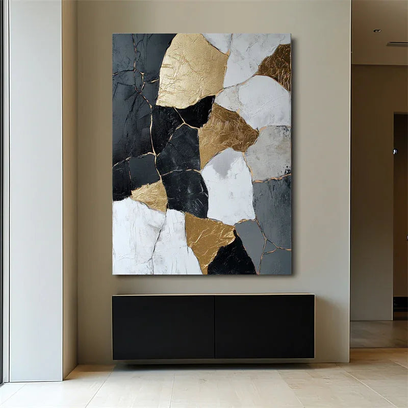 Golden Fragments-3D Black Gold Geometric Splicing Abstract Oil Painting Wall Art - artextured