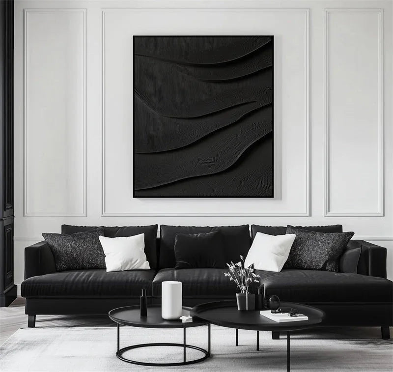 3D Black Textured Wall Art – Minimalist Abstract Wave Design Decor - artextured