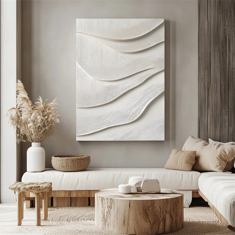 3D White Textured Wall Art – Minimalist Abstract Wave Canvas Decor - artextured